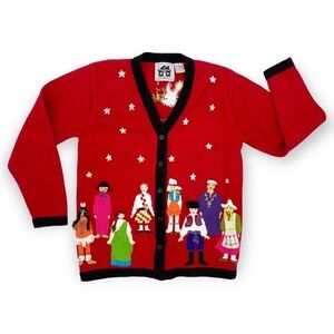 Rare Vintage Storybook Knits Sweater Cardigan World Unity peace Diversity